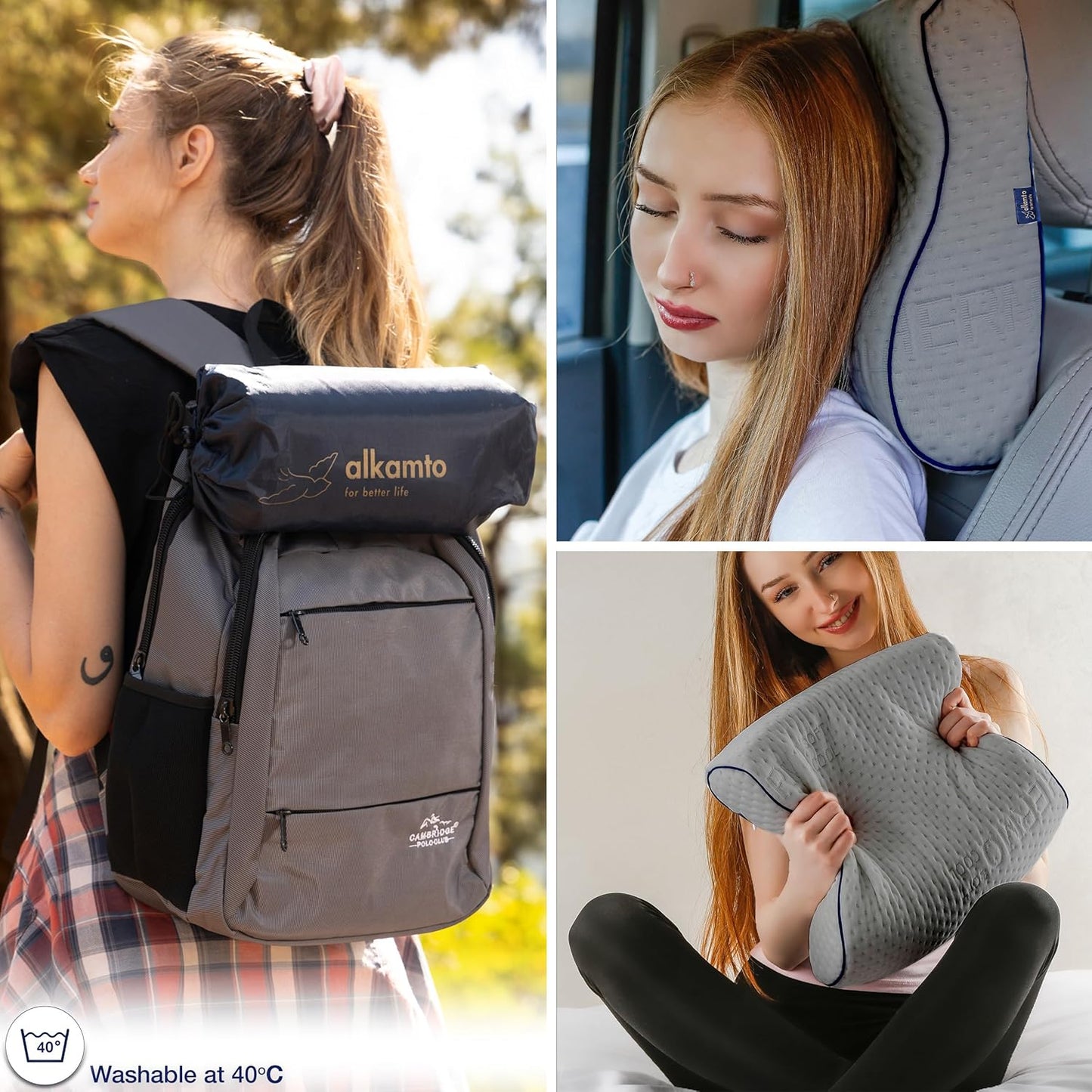 Travel & Camping Comfortable Memory Foam Pillow – Easy to Carry Portable Bag – Temperature Regulating Pillow Case (Grey Contour)