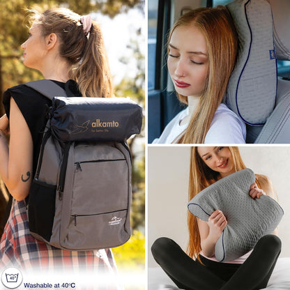 Travel & Camping Comfortable Memory Foam Pillow – Easy to Carry Portable Bag – Temperature Regulating Pillow Case (Grey Contour)