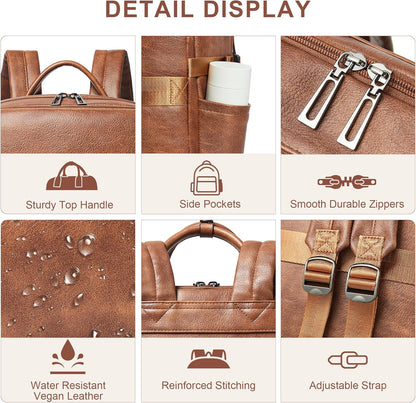 Shrrie Laptop Backpack for Women,Vegan Leather Backpack Work Computer Backpacks fits 16" Laptop,Water Resistant Teacher Nurse Casual Daypack for Weekender Camping Travel,Two-toned Brown