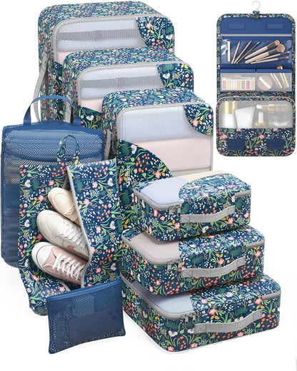 ALL INCLUDED 10 Set Durable Packing Cubes for Suitcases,OlarHike Essentials for Travel,UPGRADED Anti-Tear Stitching, NEW Improved Luggage Packing Organizers for Travel Accessories (Dark Blue Floral)
