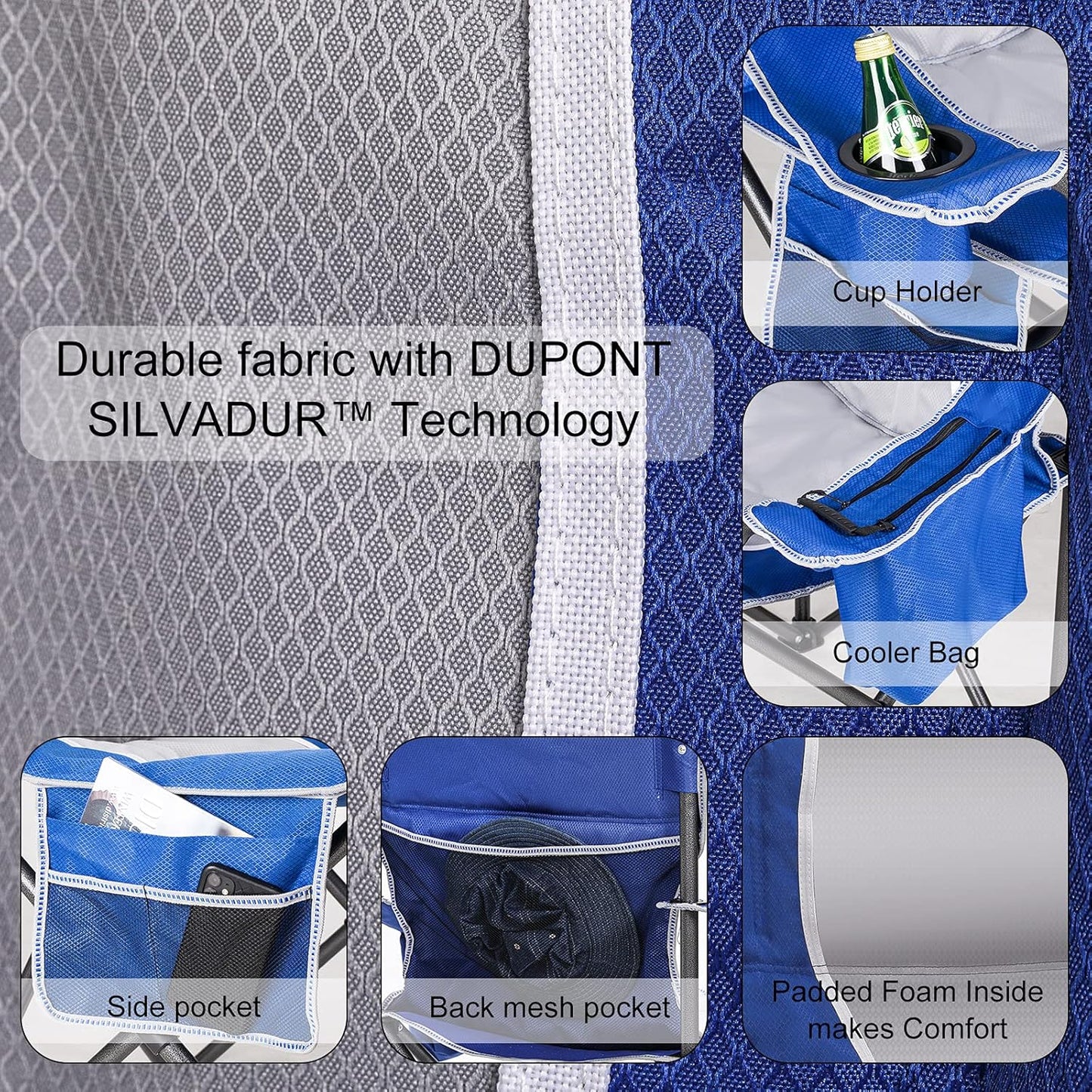 Padded Camping Chairs for Adults, Oversized Folding Outdoor Chairs, Weight Capacity 475lbs, with Cooler Bag, Cup Holder, Storage Pocket Carry Bag - Blue Color