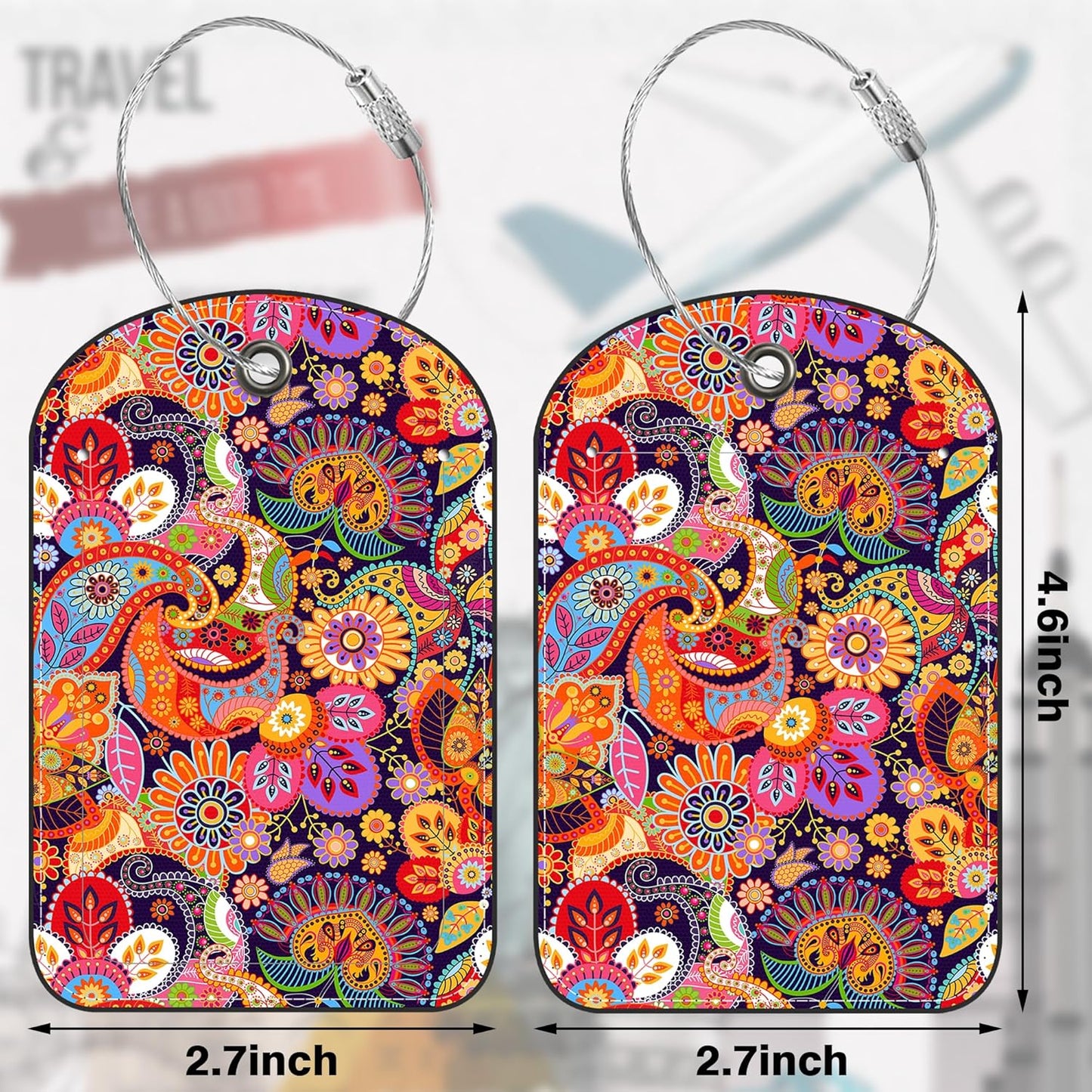 2 PCS Leather Luggage Tags for Suitcase Boho Colorful Paisley Travel Luggage Tag with Privacy Flap Name ID Label and Metal Loop for Travel Bag Suitcase