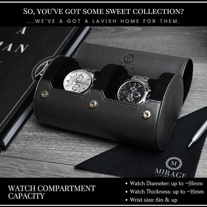 2 Watch Roll Travel Case for Men - Watch Holder and Storage for Travel - Slate Gray Swiss Motif Vegan Leather