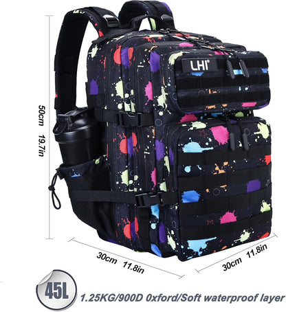 LHI Military Tactical Backpack for Men and Women 45L Army 3 Days Assault Pack Bag Large Rucksack with Molle System - Fluorescent Tie Dye
