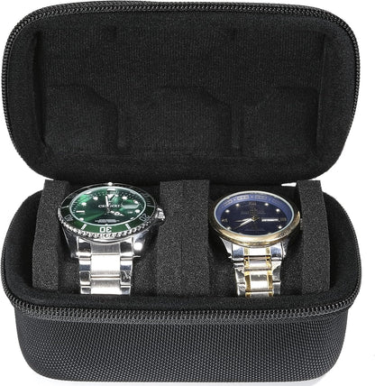Hard Compact Watch Roll travel case, 2 Slots Portable holder and Organizer with Soft Pillow, keep watch from moving(fit up to 55 mm)