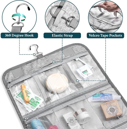 PAVILIA Hanging Toiletry Bag Women Men, Travel Kit Foldable Large Toiletries Organizer, Roll up Cosmetics Makeup Bag Accessories, Waterproof Essentials Jewelry Case (Heather Grey)