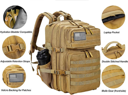 LHI Military Tactical Backpack for Men and Women 45L Army 3 Days Assault Pack Bag Large Rucksack with Molle System - Khaki