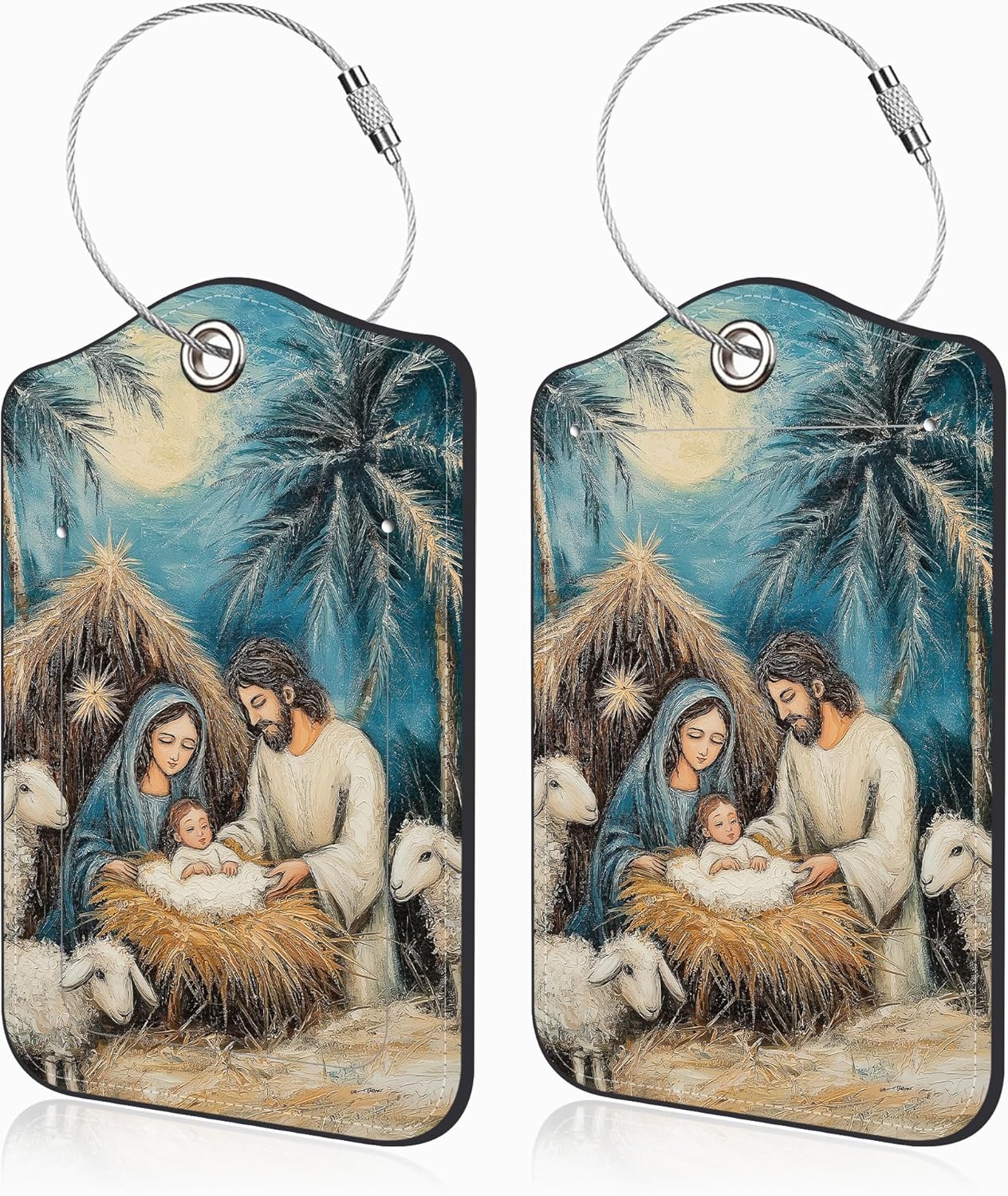 2 Pcs Nativity Scene Luggage Tags for Suitcases PU Leather Baggage Tags Name ID Label with Privacy Cover and Stainless Steel Loop for Men Women Travel Bag Suitcase