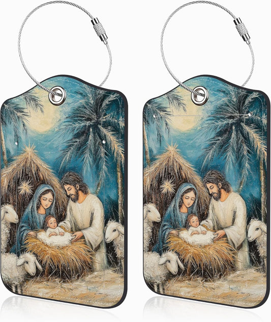 2 Pcs Nativity Scene Luggage Tags for Suitcases PU Leather Baggage Tags Name ID Label with Privacy Cover and Stainless Steel Loop for Men Women Travel Bag Suitcase