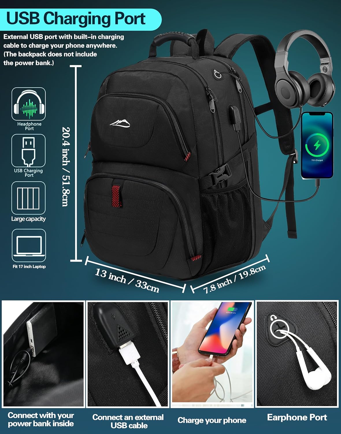 ProEtrade Travel Backpack, Extra Large Laptop Backpack School Business Anti Theft TSA Approved College Work Computer Bag Fits 17 Inch Laptop with USB Charging Port Bookbag for Women Men(Black)