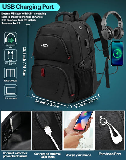 ProEtrade Travel Backpack, Extra Large Laptop Backpack School Business Anti Theft TSA Approved College Work Computer Bag Fits 17 Inch Laptop with USB Charging Port Bookbag for Women Men(Black)