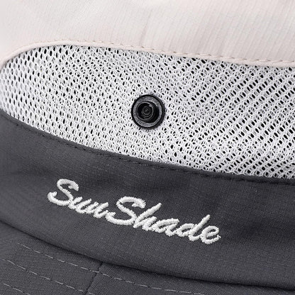 Womens Summer Sun Hat Beach Hat Wide Brim Outdoor UV Protection Hat Foldable Cool Mesh Ponytail Bucket Hat
