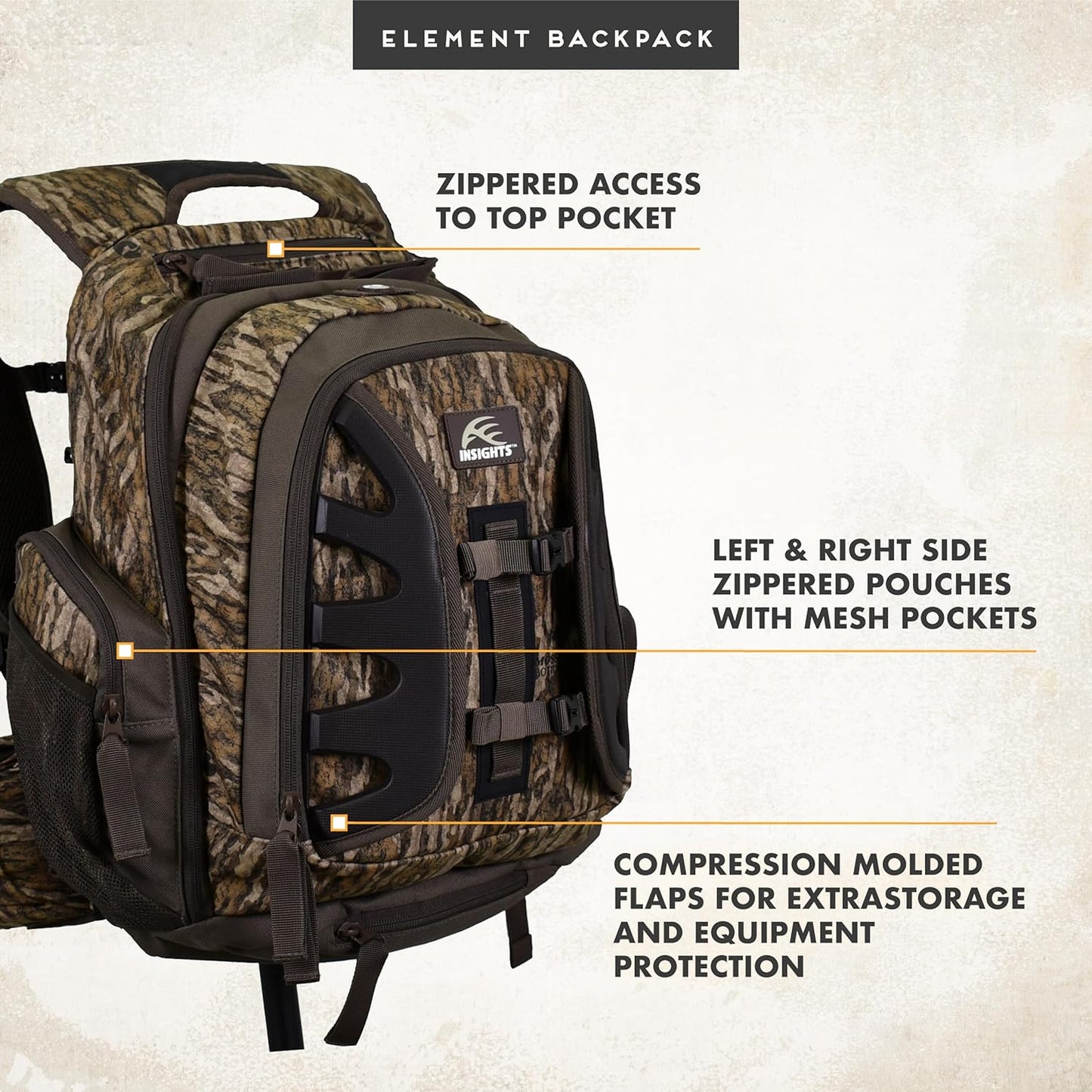 Insights Hunting by frogg toggs - The Element, Heavy Duty 1,831 Cubic Inch Hiking Fishing Camping Hunting Backpack, Mossy Oak Bottomland