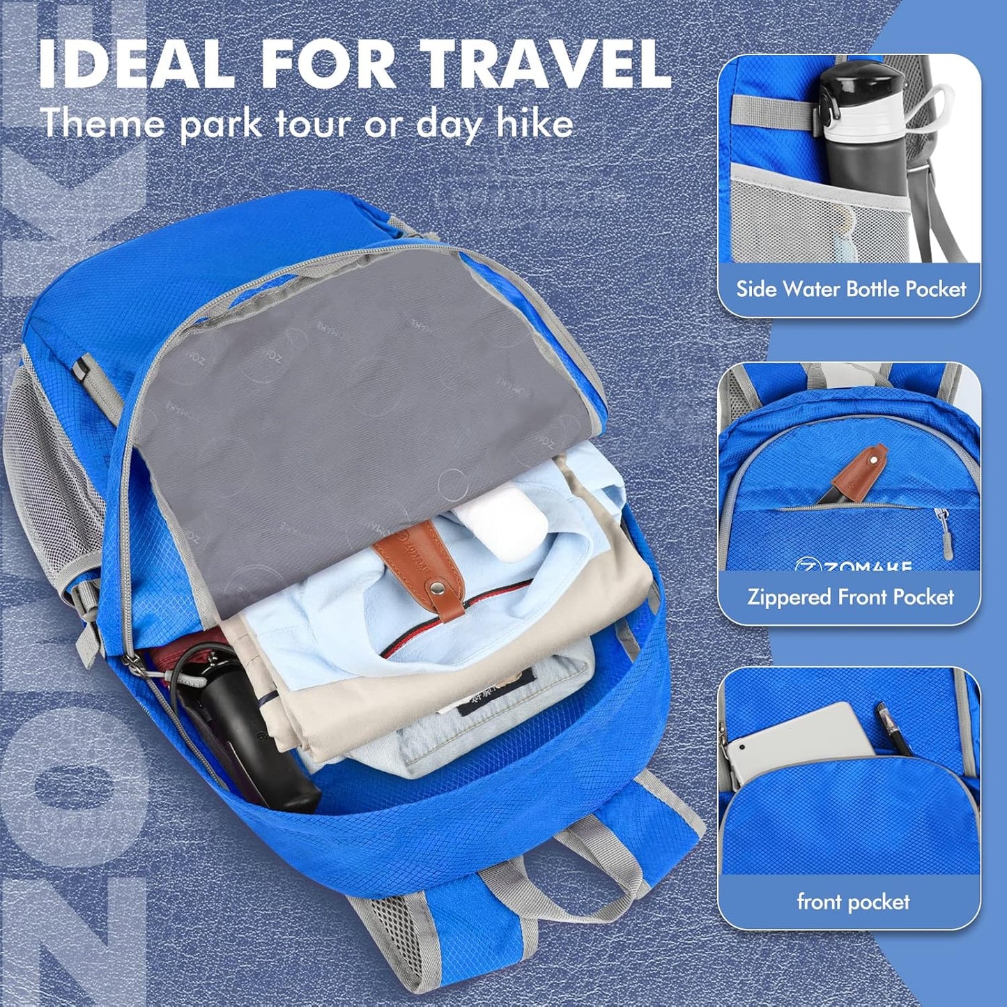 ZOMAKE Lightweight Packable Backpack 30L, Foldable Hiking Backpacks Water Resistant Compact Folding Daypack for Travel(Dark Blue)