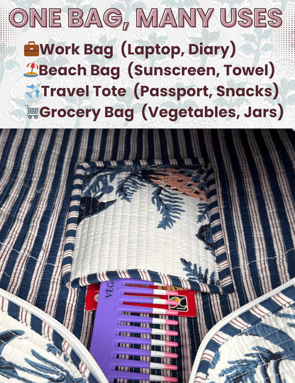 Cotton Quilted Tote Bag for Women – Large Beach & Travel Tote with Zipper, Reusable Grocery Bag