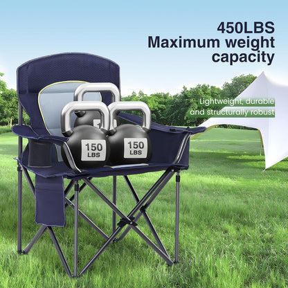 HIGH POINT SPORTS Oversized Camping Folding Chair, Heavy Duty Portable Outdoor Chair, Foldable Camp Chair with Cup Holder and Cooler Bag Support 450 LBS, Dark Blue…