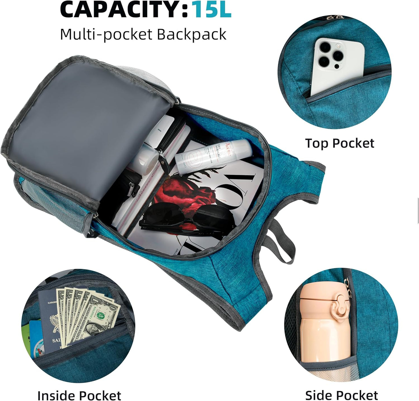 Lightweight Foldable Travel Backpack - 10L Daypack for Women & Men - Teal Blue