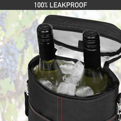 opux 2 Bottle Wine Carrier Tote, Insulated Leakproof Wine Cooler Bag, Wine Travel Bag Tote for Picnic BYOB Beach, Portable Wine Bottle Carrying Case, Gift for Wine Lover Women Men Christmas, Black
