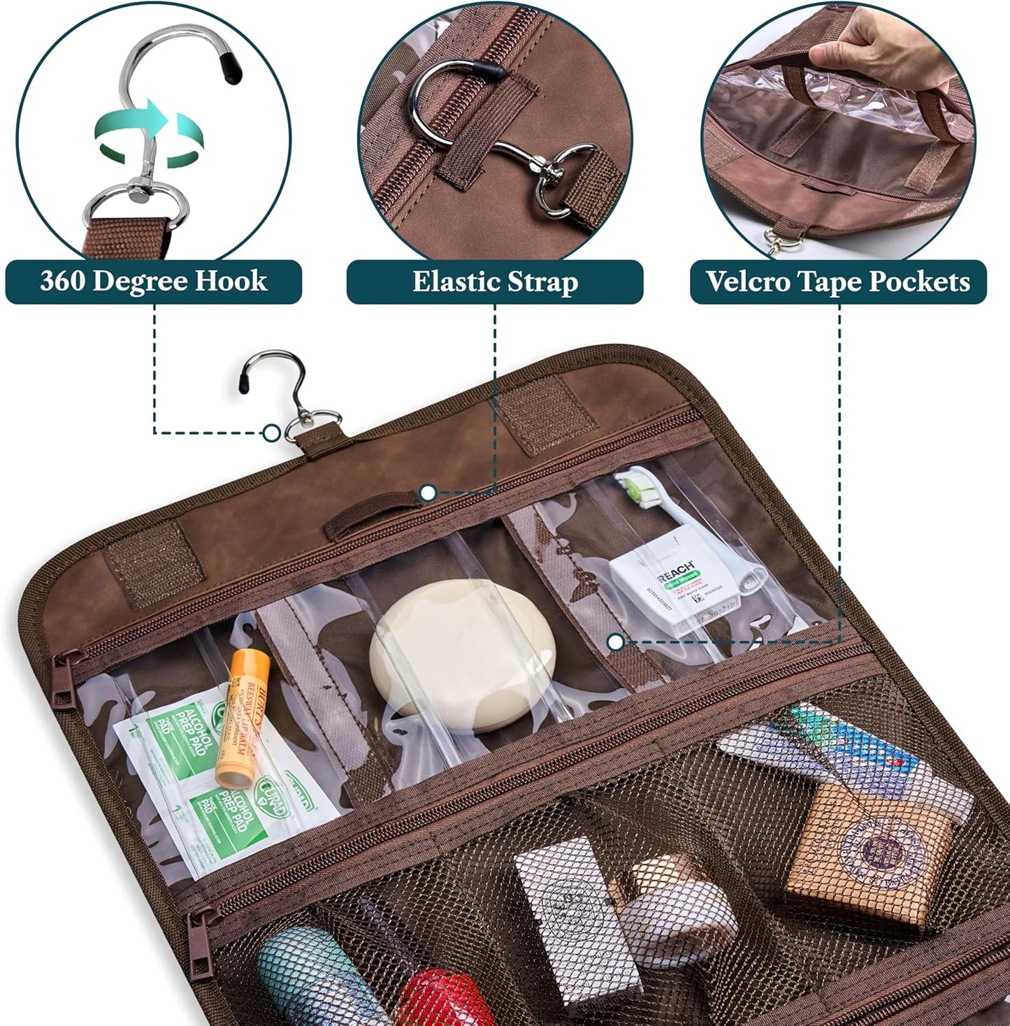 PAVILIA Hanging Toiletry Bag Men Women, Travel Kit Foldable Large Toiletries Organizer, Roll up Cosmetics Makeup Bag Accessories, Waterproof Essentials Dopp Case (Brown)
