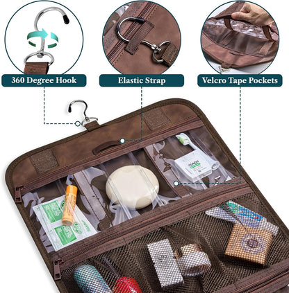 PAVILIA Hanging Toiletry Bag Men Women, Travel Kit Foldable Large Toiletries Organizer, Roll up Cosmetics Makeup Bag Accessories, Waterproof Essentials Dopp Case (Brown)