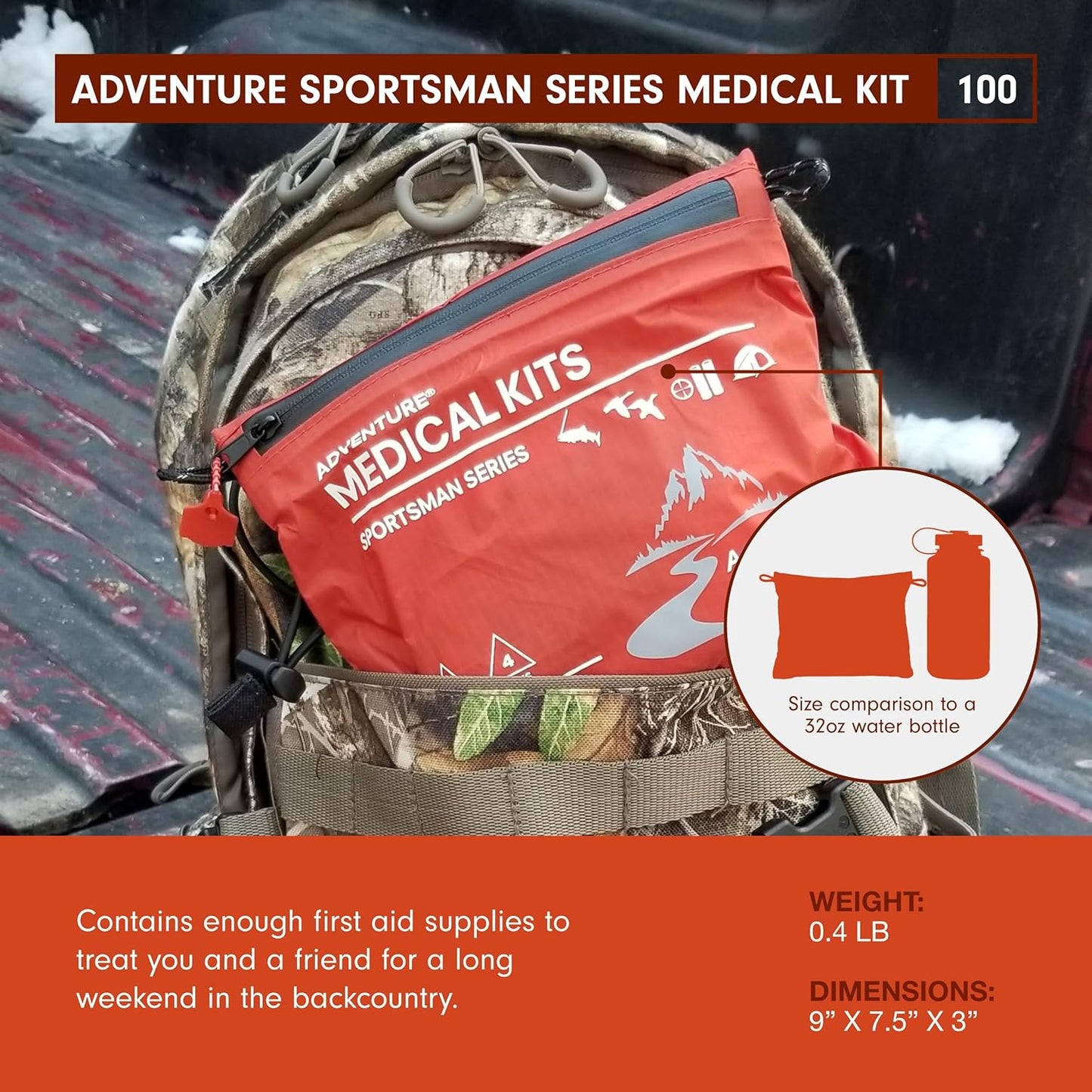 Adventure Medical Kits Sportsman Series Medical Kit - 100 - First Aid Kit for Camping, Hiking, Hunting & More - For 2 People for 4 Days - Includes Bandages, Medicine, Guide Book & More