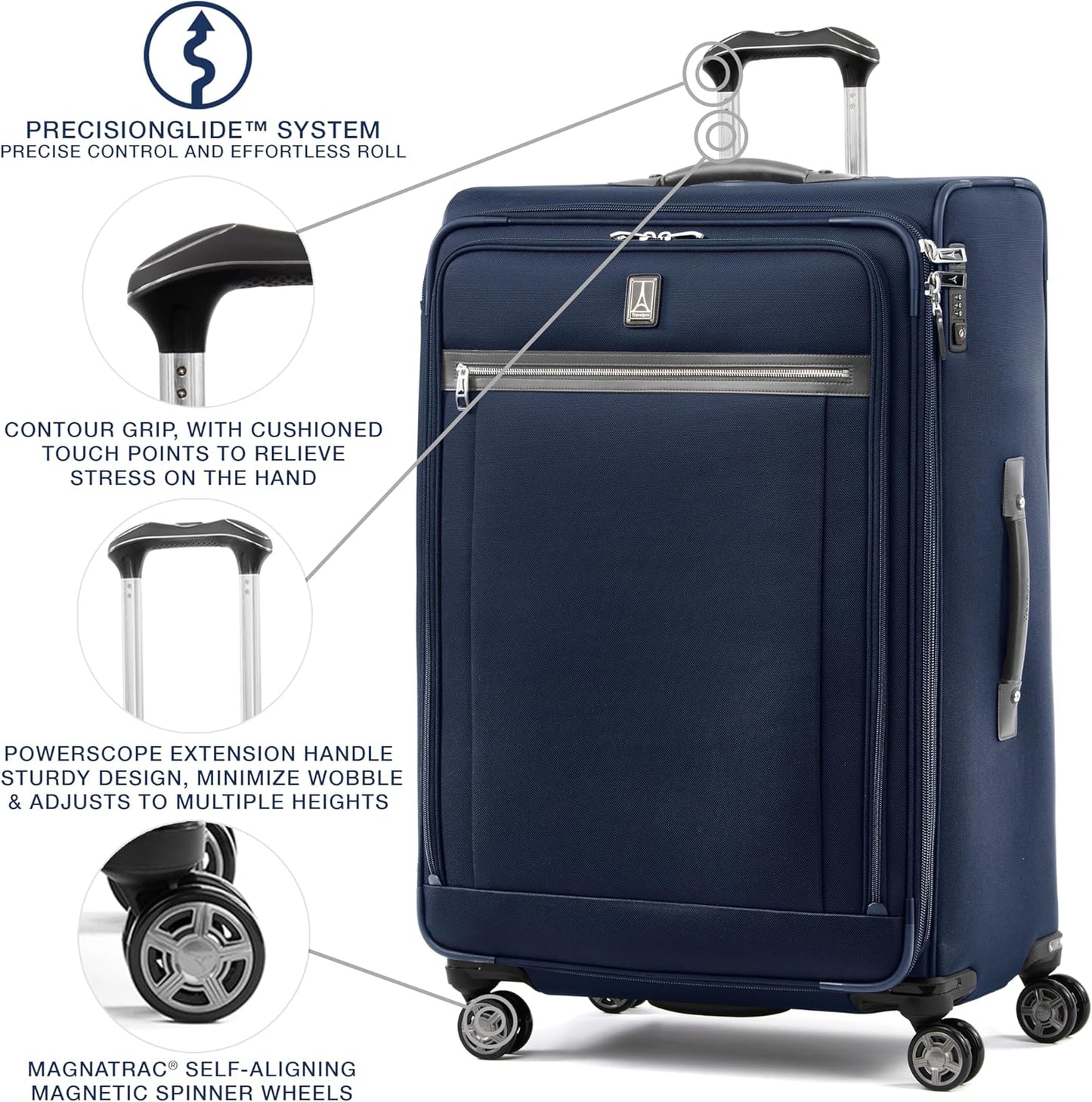Travelpro Platinum Elite Softside Expandable Checked Luggage, 8 Wheel Spinner Large Suitcase, TSA Lock, Men and Women, Dark Blue, Checked Large 29-Inch