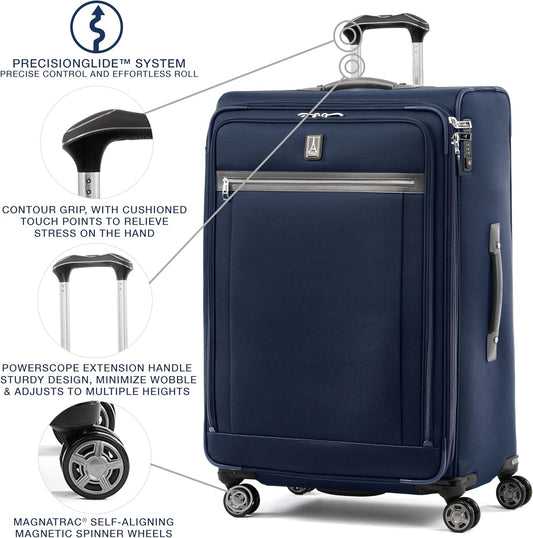 Travelpro Platinum Elite Softside Expandable Checked Luggage, 8 Wheel Spinner Large Suitcase, TSA Lock, Men and Women, Dark Blue, Checked Large 29-Inch