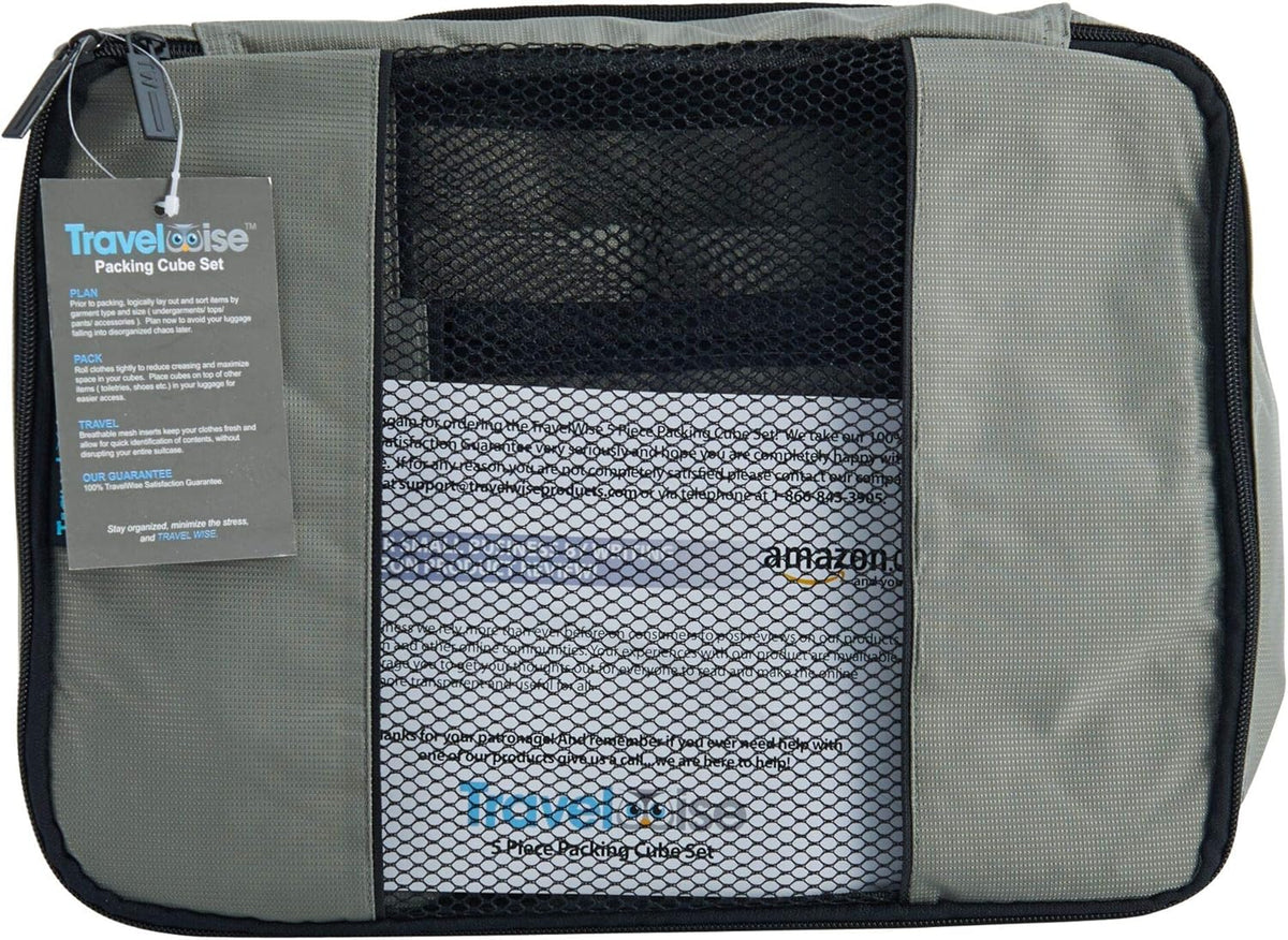 TravelWise Packing Cube System - Durable 5 Piece Weekender Plus Set (Silver)