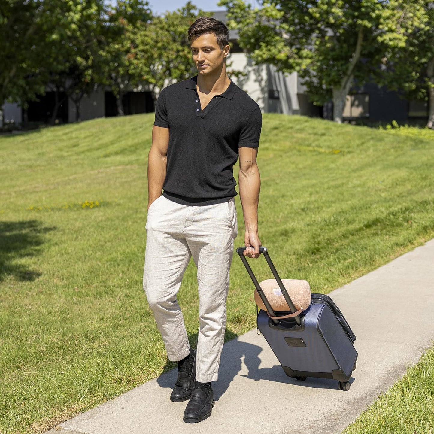 BlueHills Travel Blanket Pillow Rolled Premium Soft Plush Airplane Throw Traveler Essentials Gift Compact in a Bag 70X48 inches Long Car Plane Flight Portable Beige R06