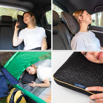 Travel & Camping Comfortable Memory Foam Pillow – Easy to Carry Portable Bag – Temperature Regulating Pillow Case (Black)