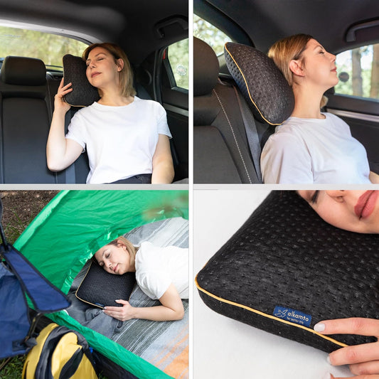 Travel & Camping Comfortable Memory Foam Pillow – Easy to Carry Portable Bag – Temperature Regulating Pillow Case (Black)