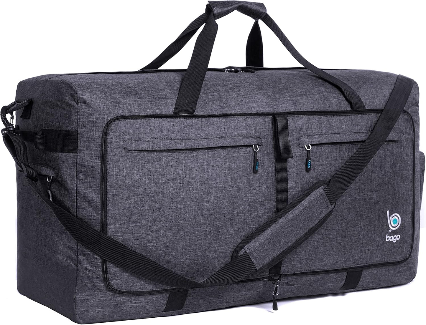 Bago Large Foldable Duffel Bags for Traveling Women & Men - 100L Packable Duffle Bag for Travel with Shoe Compartment - Water Repellant, Heavy Duty, Lightweight Folding & Collapsible (SnowBlack)