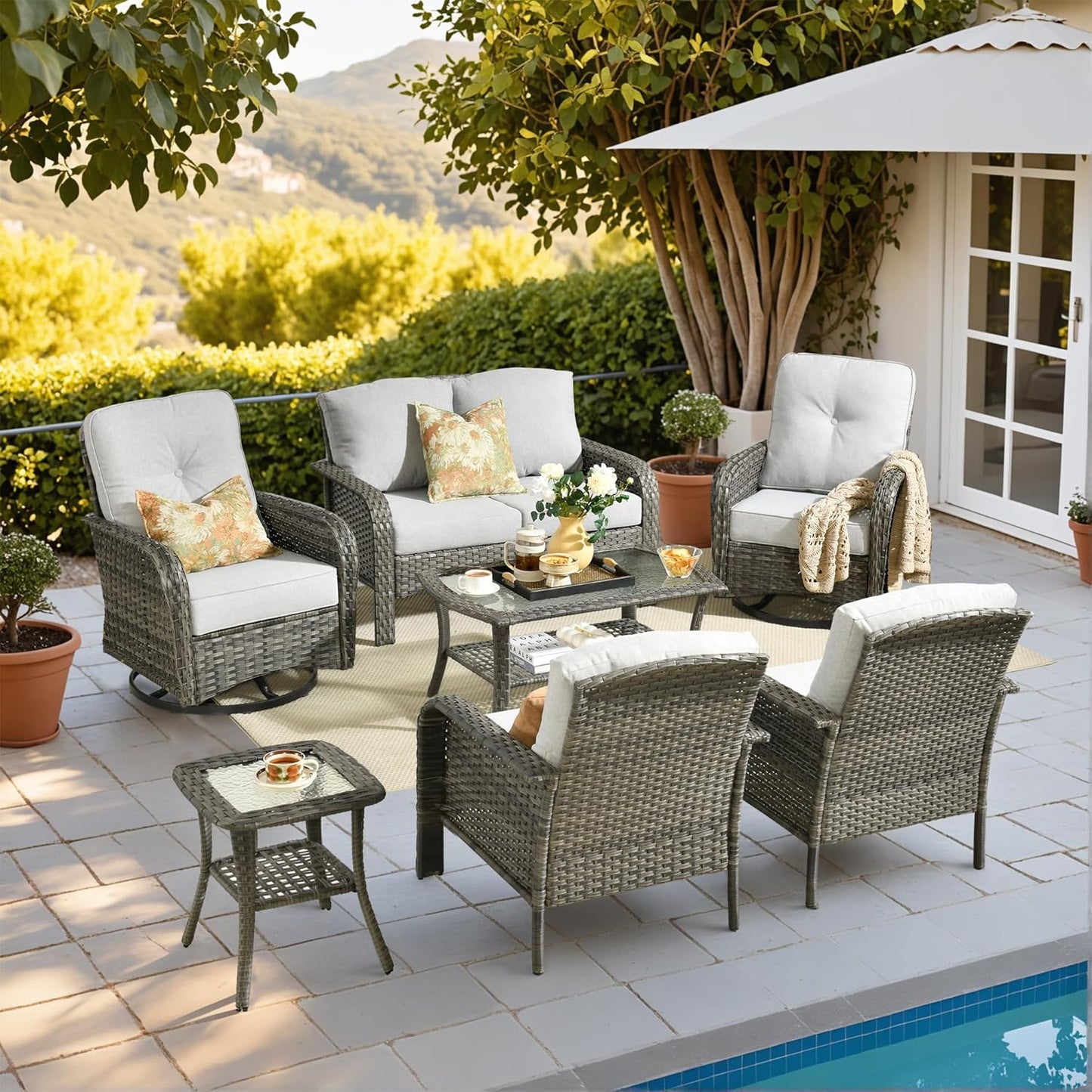 HOOOWOOO Patio Furniture Set,7 Pieces Outdoor Conversation Set,All Weather Wicker Loveseat Sofa Set with High Back Swivel Rocking Chairs Tables,Light Gray