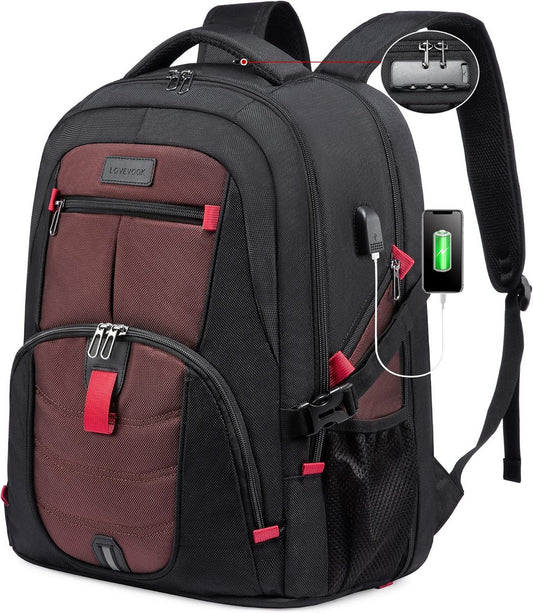 LOVEVOOK Travel Backpack for Men 17inch Large Work Backpack for Men Large Capacity Lockable Mochilas para Hombres Waterproof Computer Backpack for Work Business Travel College (17 inch,Black&Brown