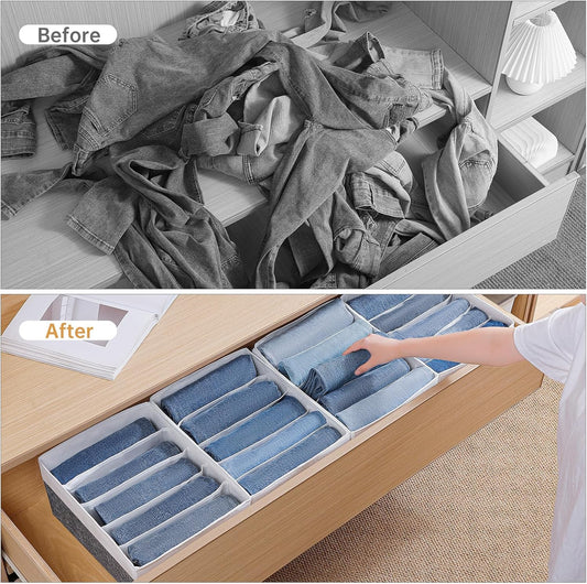 Jeans Drawer Organizers for Clothing,5 Grids Compartment Wardrobe clothes organizer,Fabric Washable Closet Organizers and Storage Bins for Jeans,Pants,Bra,Legging,t-shirt-GreyWhite