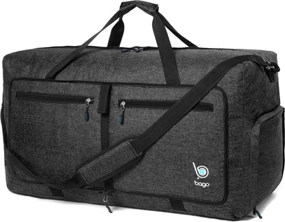Bago Large Foldable Duffel Bags for Traveling Women & Men - 80L Packable Duffle Bag for Travel with Shoe Compartment - Water Repellant, Heavy Duty, Lightweight Folding & Collapsible (SnowBlack)