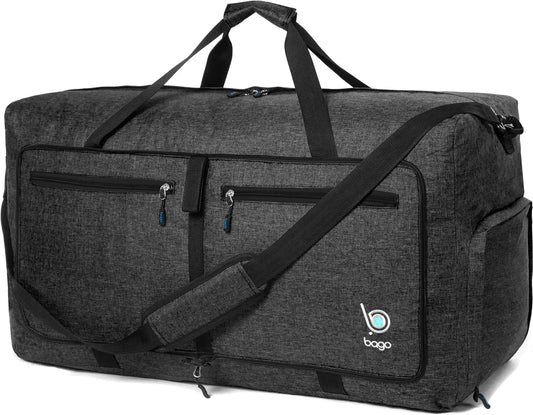 Bago Large Foldable Duffel Bags for Traveling Women & Men - 80L Packable Duffle Bag for Travel with Shoe Compartment - Water Repellant, Heavy Duty, Lightweight Folding & Collapsible (SnowBlack)