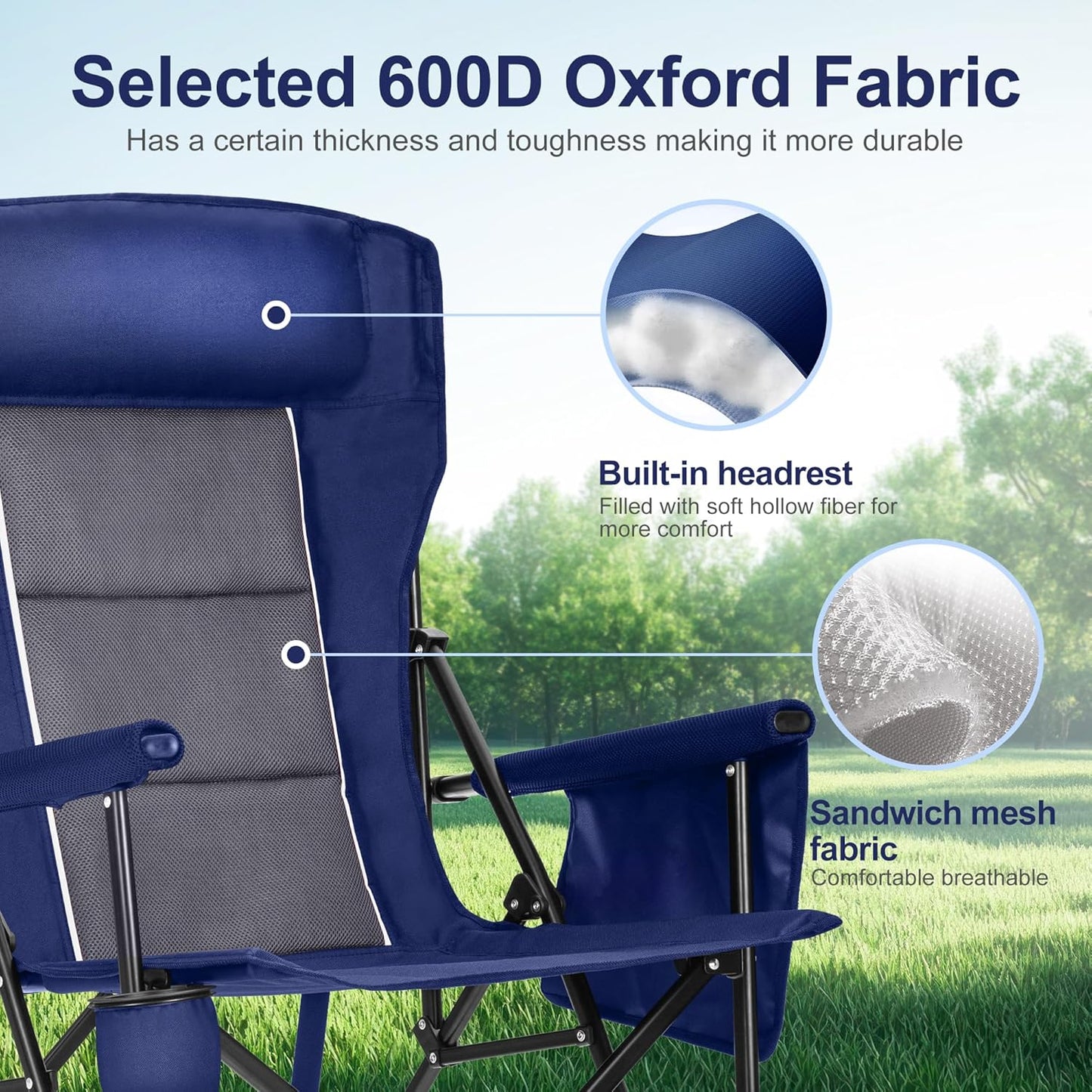 LET'S CAMP Oversized Camping Chairs 29.52" High Back Heavy Duty Lawn Chair Support 500LBS, Portable Collapsible Chair with Cup Holder, Side Pocket(Blue)
