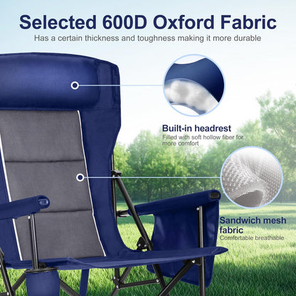 LET'S CAMP Oversized Camping Chairs 29.52" High Back Heavy Duty Lawn Chair Support 500LBS, Portable Collapsible Chair with Cup Holder, Side Pocket(Blue)