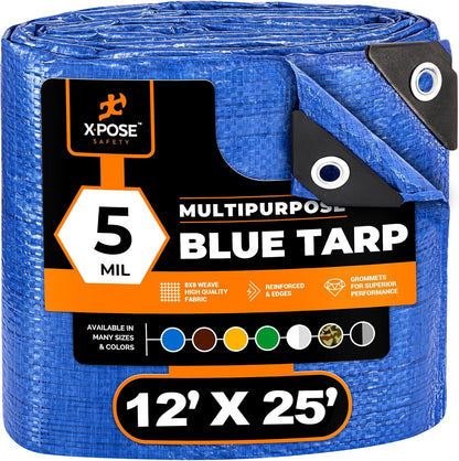 Better Blue Poly Tarp 12' x 25' - Multipurpose Protective Cover - Lightweight, Durable, Waterproof, Weather Proof - 5 Mil Thick Polyethylene - by Xpose Safety