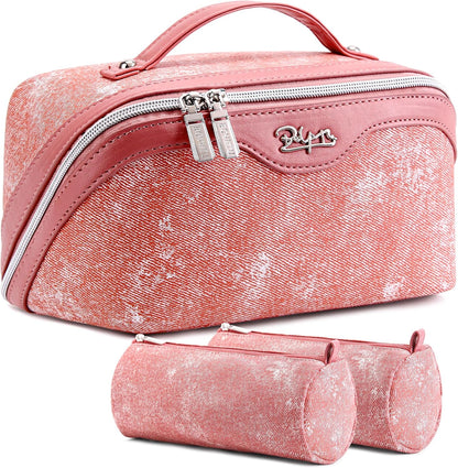 Travel Makeup Bag Cosmetic Bags for Women: 3 Sets Large Capacity Make up Bag - Portable Toiletry Bags with Handle for Women(05-Rosy Red)