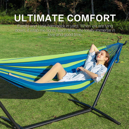 PNAEUT Double Hammocks with Stand for Outside, Portable Space Saving Heavy-Duty Steel Stand for Indoor Outdoor Patio with Carrying Bag, 450 lbs Capacity (Blue)