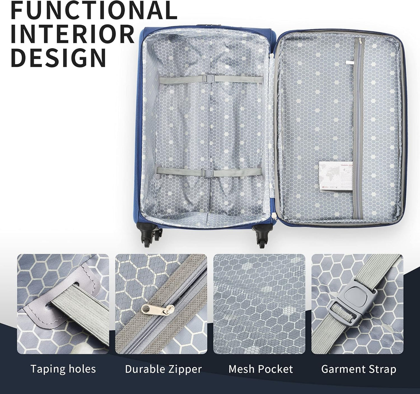 Merax Softside Luggage Set Softshell Lightweight 3 Piece Spinner Suitcase 22" 26" 30" Blue