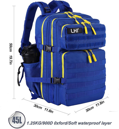 LHI Military Tactical Backpack for Men and Women 45L Army 3 Days Assault Pack Bag Large Rucksack with Molle System - Blue with yellow zipper