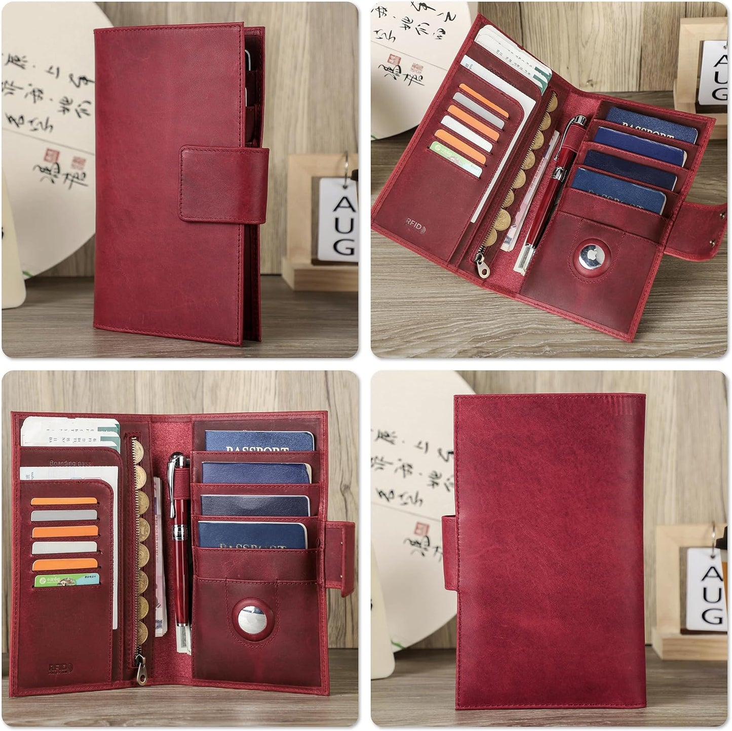 Top Grain Leather Travel Passport Wallet Holder for Man & Woman, Snap Button Design for 4 Passports & Multi Cards, RFID Blocking Large Capacity for Passports/Cards/Checks/Bills, Burgundy
