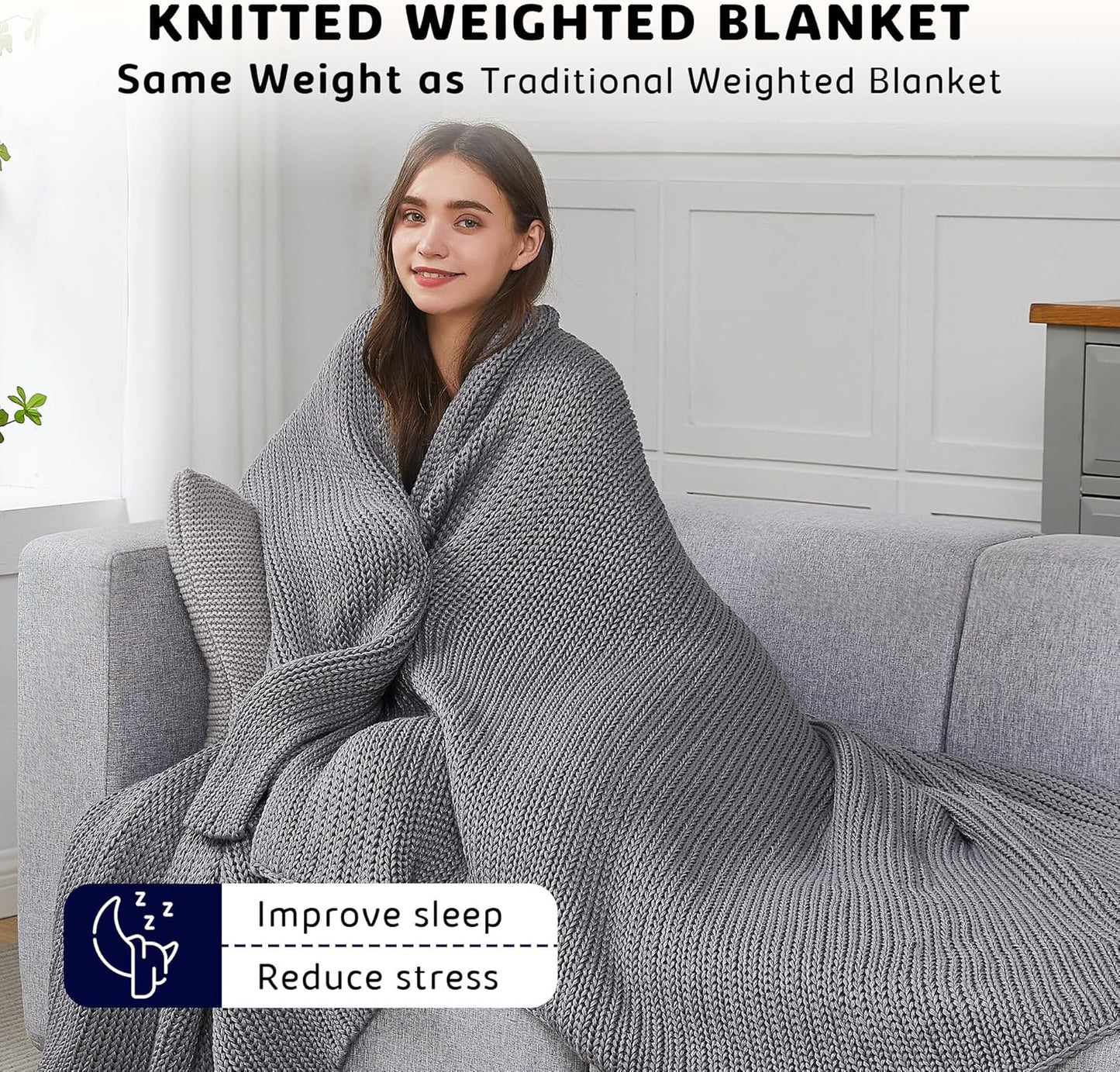 L'AGRATY Knitted Weighted Blanket - 48"x72" 15lbs Cooling Chunky Knit Heavy Blanket for Adults Braided Crochet Throw Thick Cable Yarn Knit Decorative No Beads Evenly Weighted Machine Washable