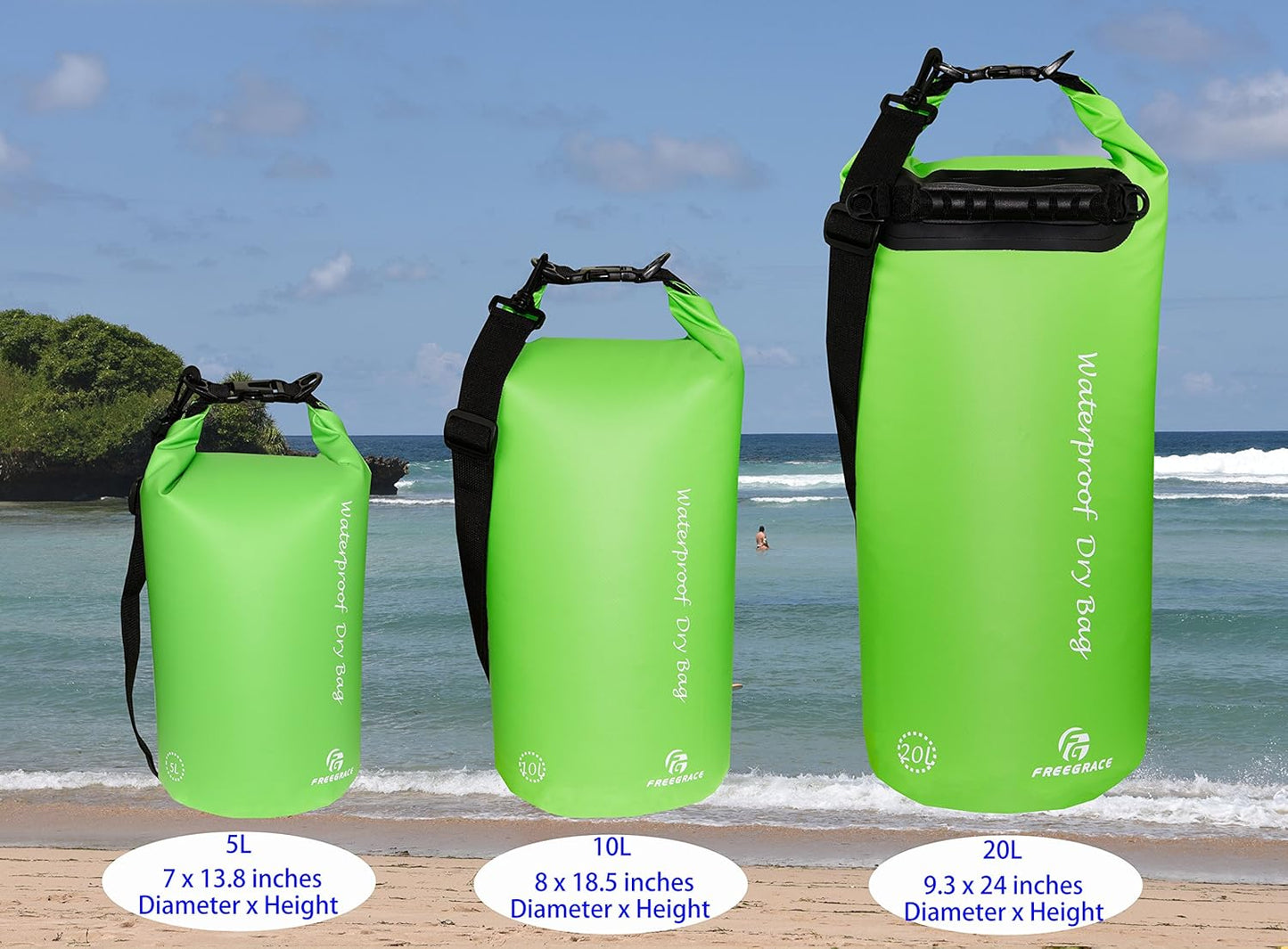 Freegrace Waterproof Dry Bags Set of 3 Dry Bag with 2 Zip Lock Seals & Detachable Shoulder Strap, Waist Pouch & Phone Case - Can Be Submerged Into Water - for Swimming (Green, 10L)