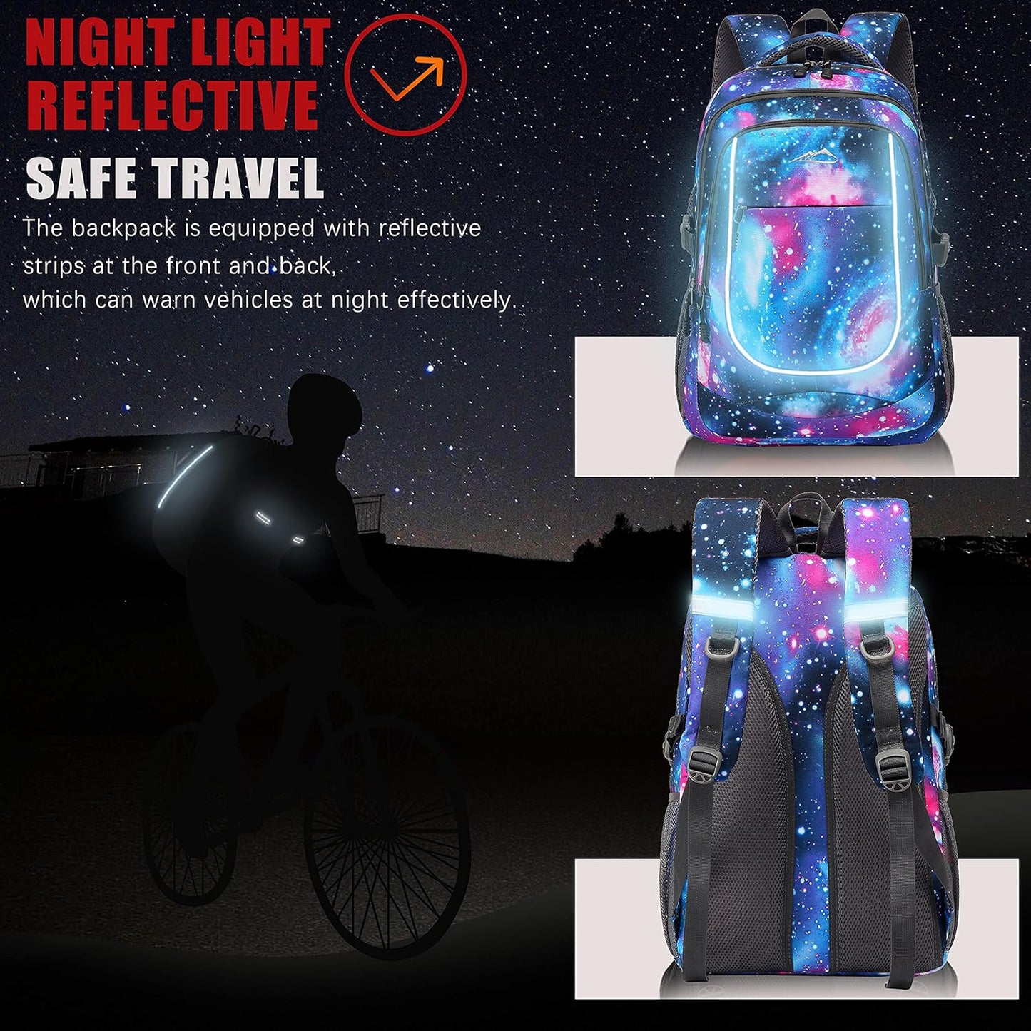 ProEtrade Galaxy Backpack Bookbag for College Sturdy Travel Business Hiking Fit Laptop Up to 15.6 Inch Multi Compartment Gifts for Men Women Night Light Reflective (Galaxy)
