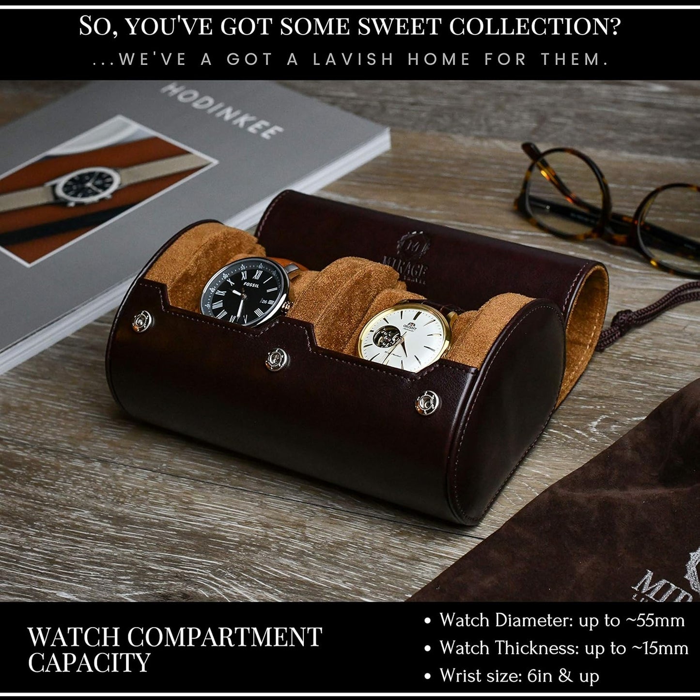 2 Watch Travel Case for Men Vegan Leather Watch Roll Case Organizer and Display - Elegant Gift - Espresso Brown Vegan Leather