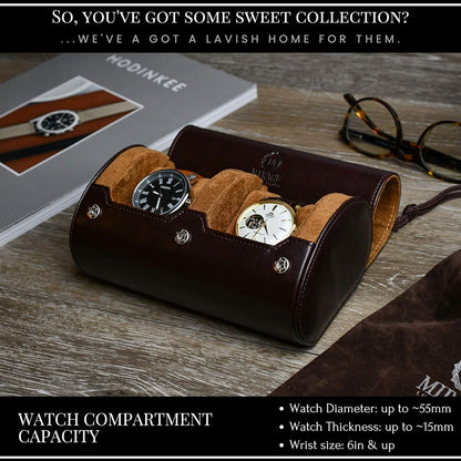 2 Watch Travel Case for Men Vegan Leather Watch Roll Case Organizer and Display - Elegant Gift - Espresso Brown Vegan Leather